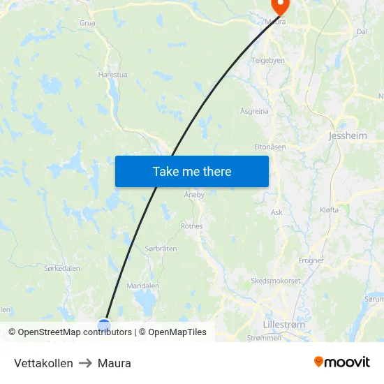 Vettakollen to Maura map