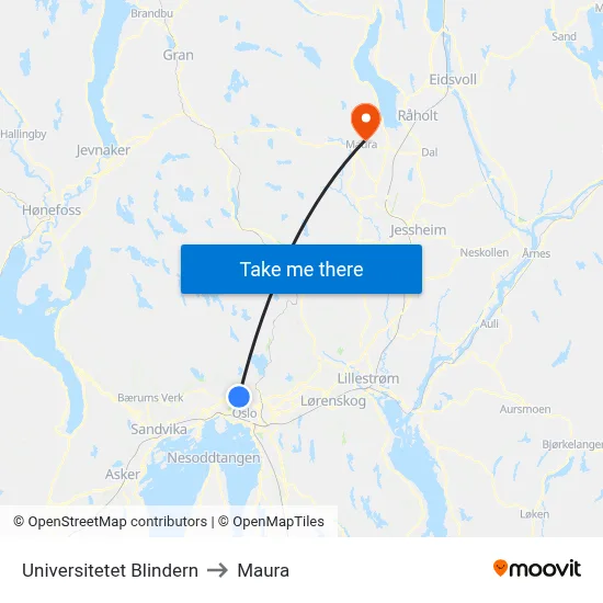 Universitetet Blindern to Maura map