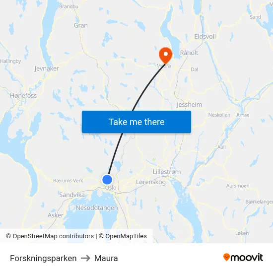Forskningsparken to Maura map