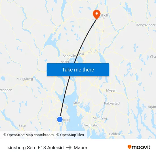 Tønsberg Sem E18 Aulerød to Maura map