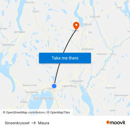 Sinsenkrysset to Maura map