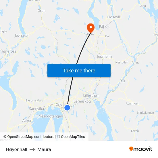 Høyenhall to Maura map