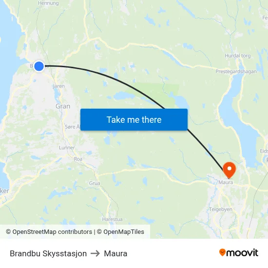 Brandbu Skysstasjon to Maura map
