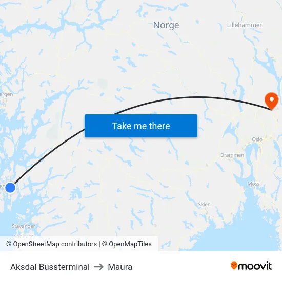 Aksdal Bussterminal to Maura map