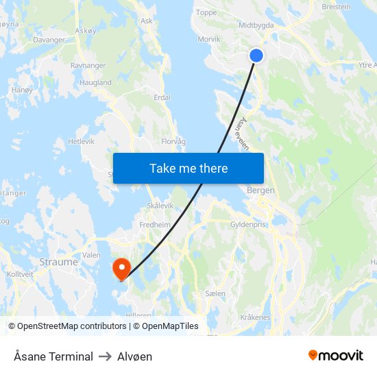 Åsane Terminal to Alvøen map