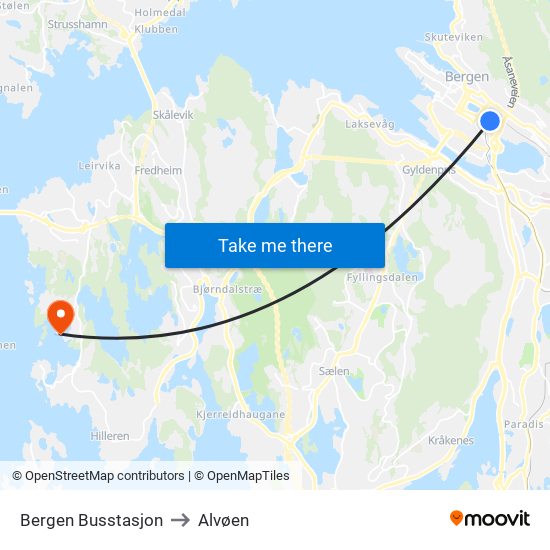 Bergen Busstasjon to Alvøen map