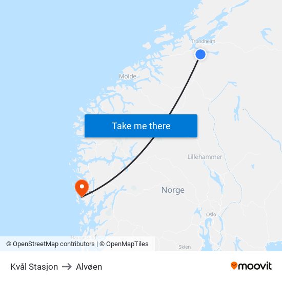 Kvål Stasjon to Alvøen map