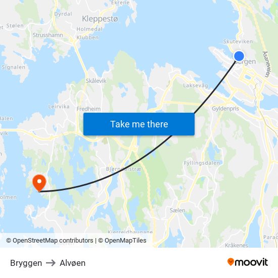 Bryggen to Alvøen map