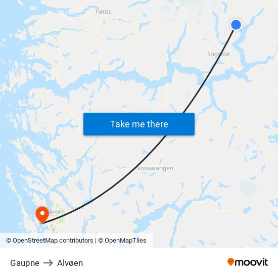 Gaupne to Alvøen map