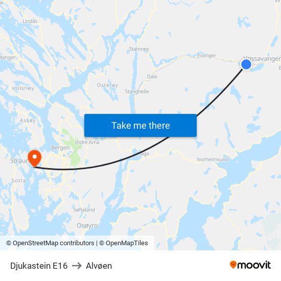 Djukastein E16 to Alvøen map