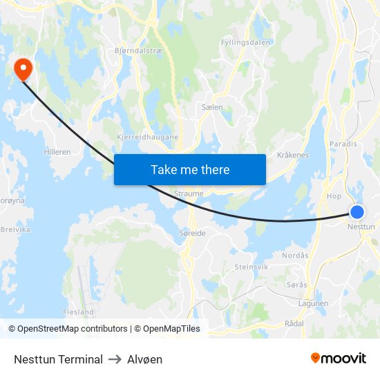 Nesttun Terminal to Alvøen map