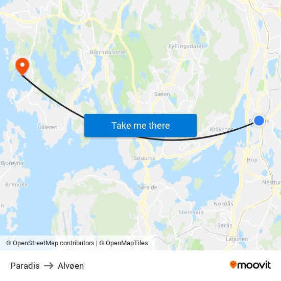 Paradis to Alvøen map