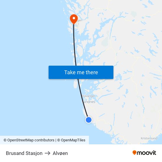 Brusand Stasjon to Alvøen map