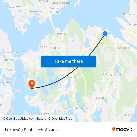 Laksevåg Senter to Alvøen map