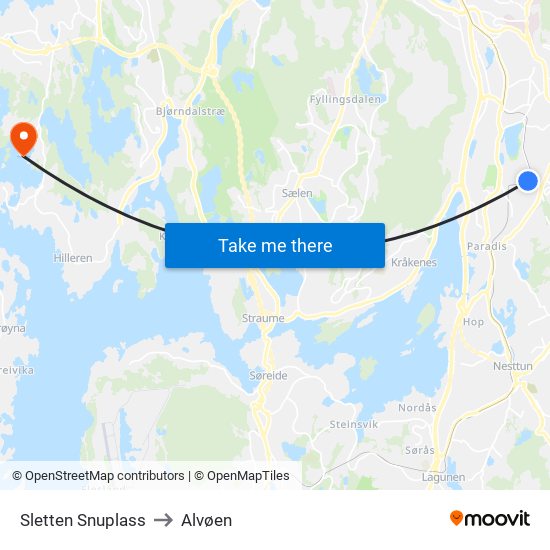 Sletten Snuplass to Alvøen map