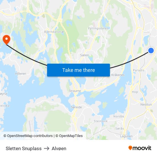 Sletten Snuplass to Alvøen map