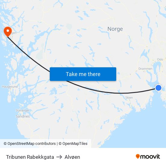 Tribunen Rabekkgata to Alvøen map