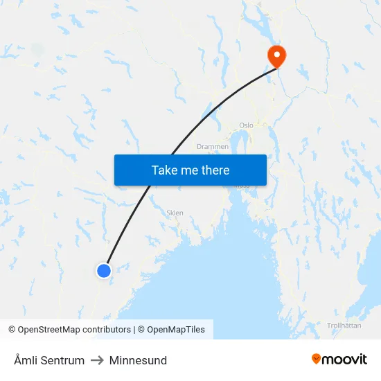 Åmli Sentrum to Minnesund map