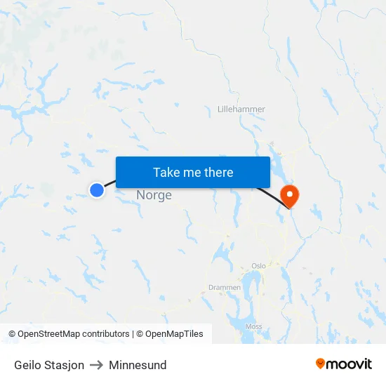 Geilo Stasjon to Minnesund map