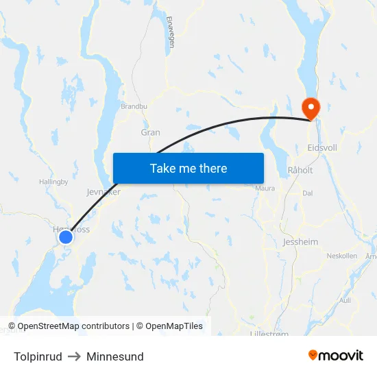 Tolpinrud to Minnesund map