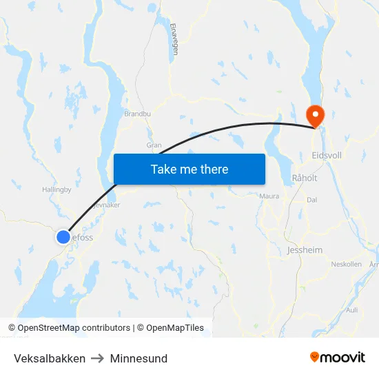 Veksalbakken to Minnesund map
