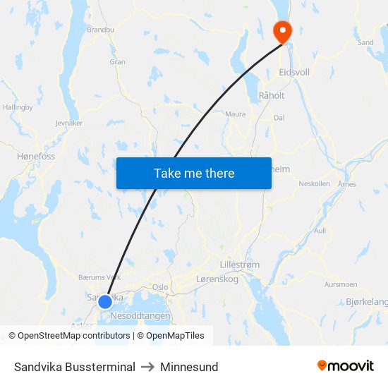 Sandvika Bussterminal to Minnesund map