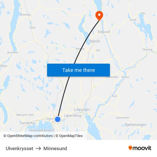 Ulvenkrysset to Minnesund map