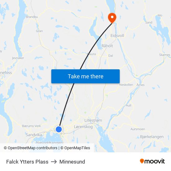 Falck Ytters Plass to Minnesund map