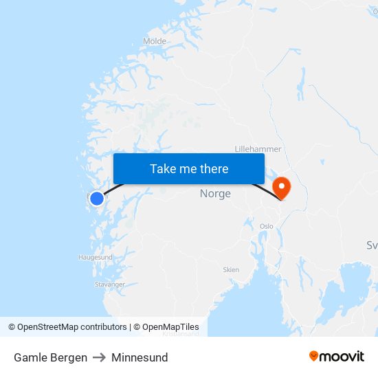 Gamle Bergen to Minnesund map