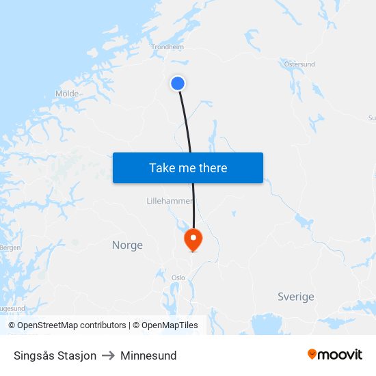 Singsås Stasjon to Minnesund map