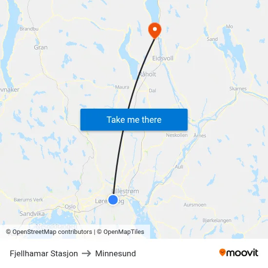Fjellhamar Stasjon to Minnesund map