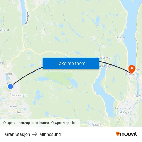 Gran Stasjon to Minnesund map