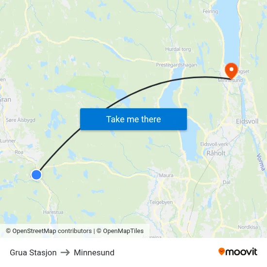 Grua Stasjon to Minnesund map