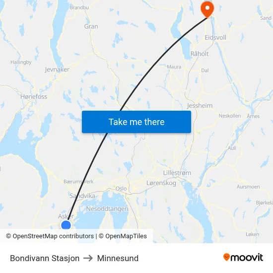 Bondivann Stasjon to Minnesund map