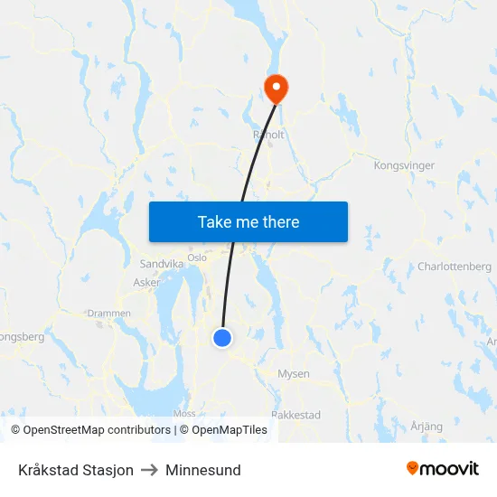 Kråkstad Stasjon to Minnesund map