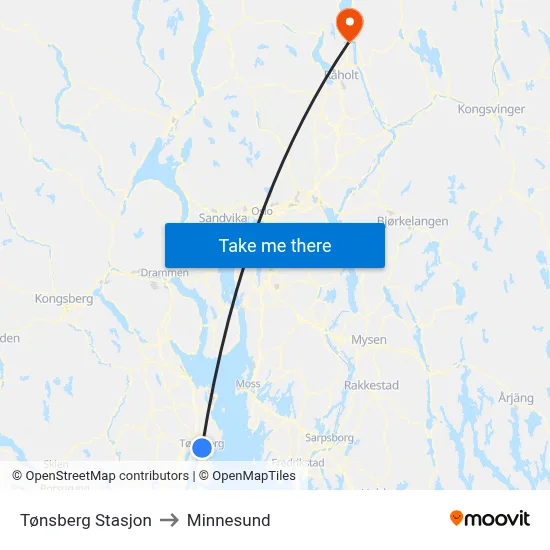 Tønsberg Stasjon to Minnesund map