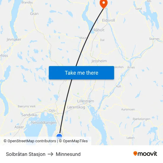 Solbråtan Stasjon to Minnesund map