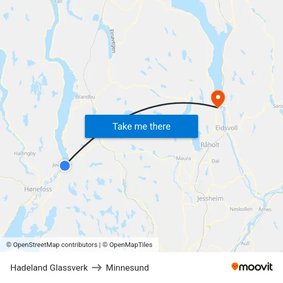 Hadeland Glassverk to Minnesund map