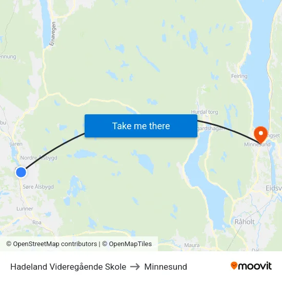 Hadeland Videregående Skole to Minnesund map