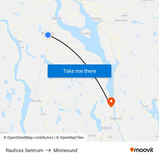 Raufoss Sentrum to Minnesund map