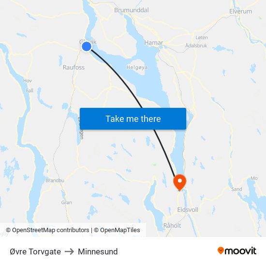 Øvre Torvgate to Minnesund map