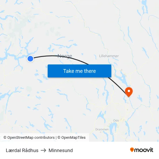 Lærdal Rådhus to Minnesund map