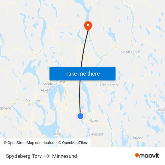 Spydeberg Torv to Minnesund map