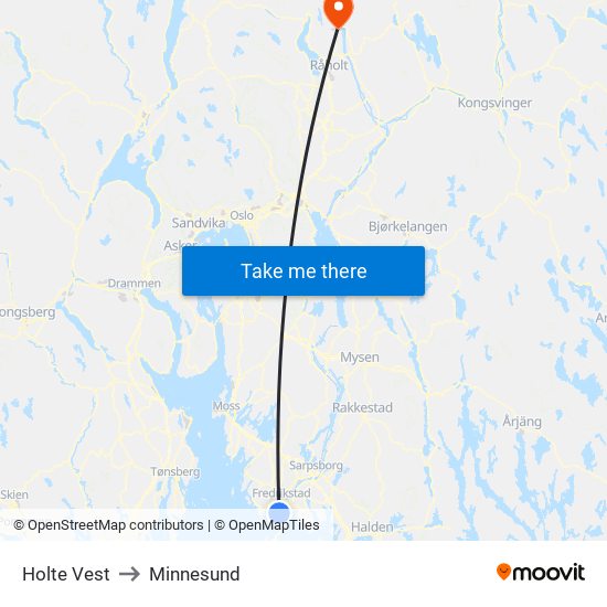 Holte Vest to Minnesund map