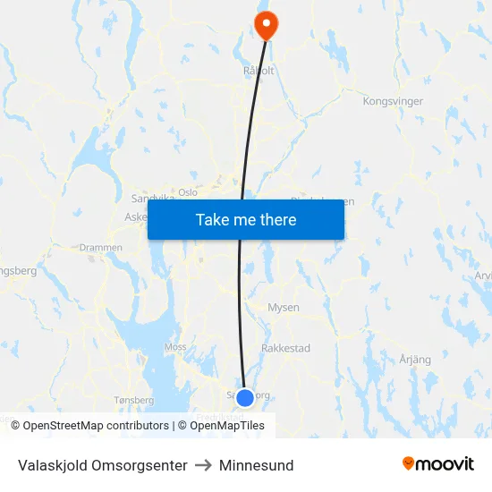 Valaskjold Omsorgsenter to Minnesund map