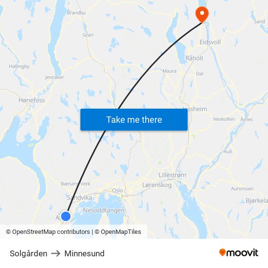 Solgården to Minnesund map