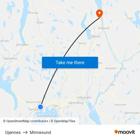 Gjønnes to Minnesund map