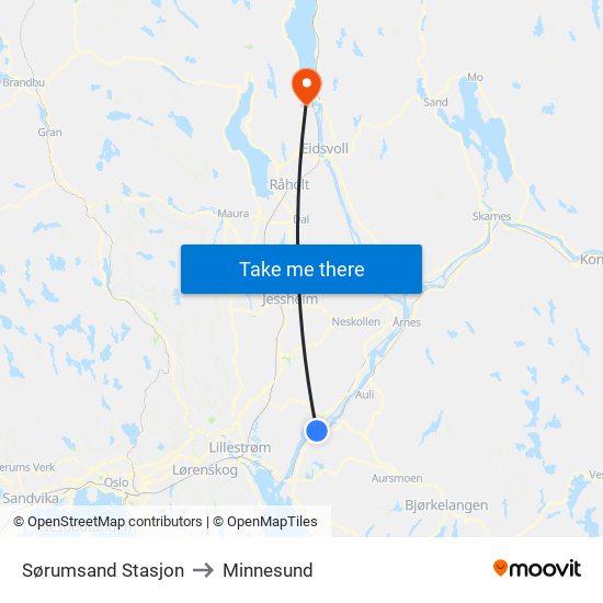 Sørumsand Stasjon to Minnesund map