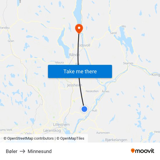 Bøler to Minnesund map