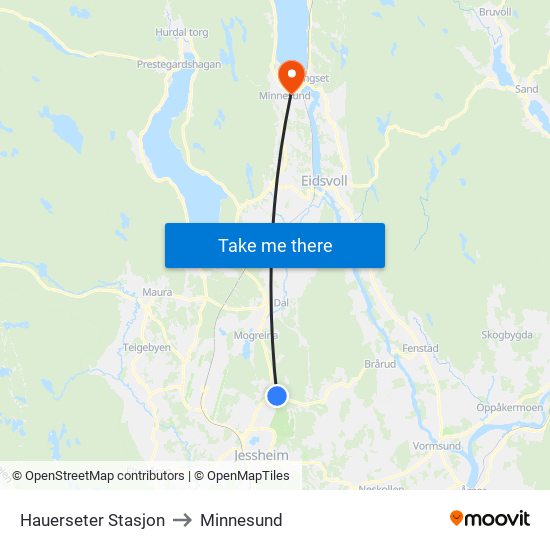 Hauerseter Stasjon to Minnesund map